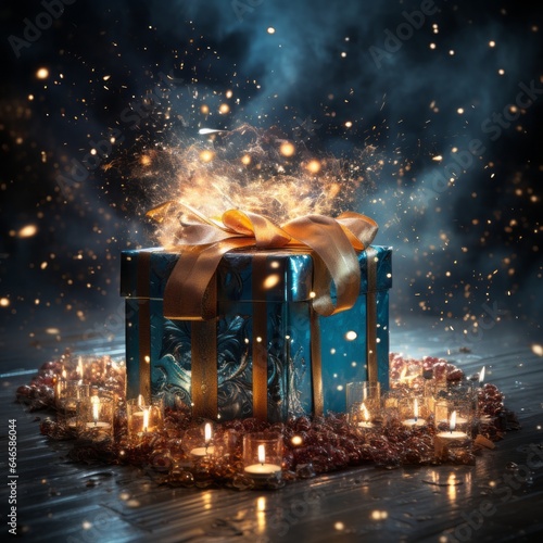 Festive gift box with a holiday sparkler illuminating the backdrop © Blue_Utilities