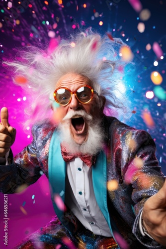 Portrait of a happy senior man having fun during a birthday party. Generative AI