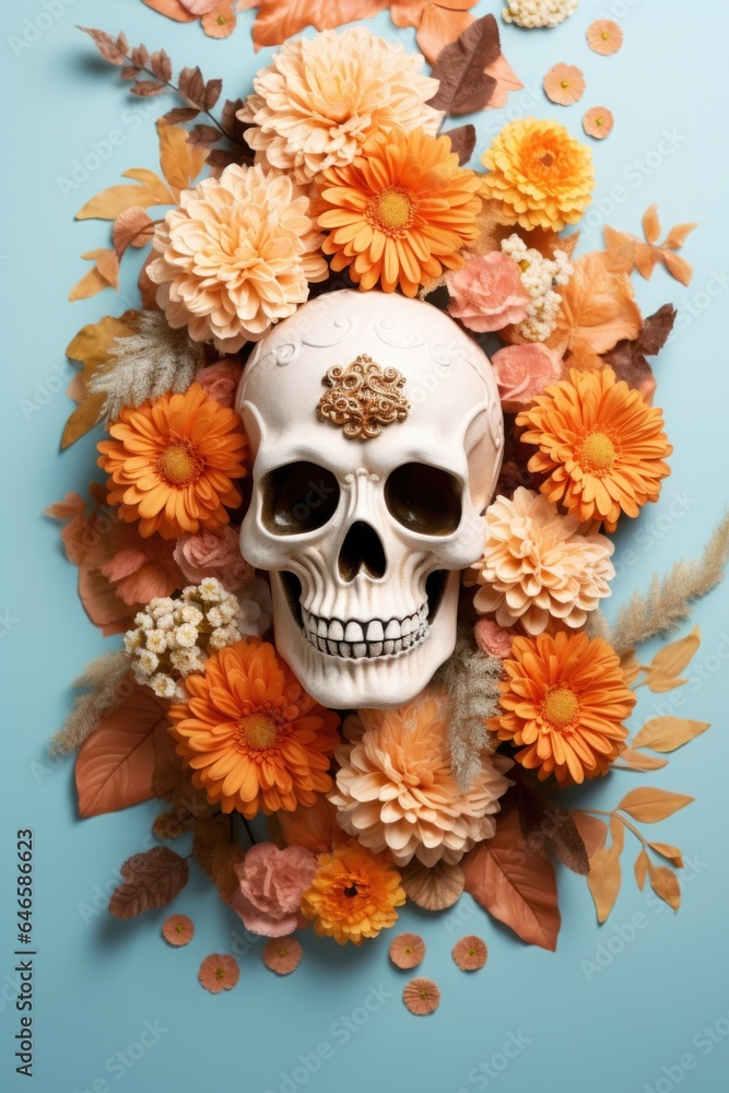 Happy Halloween holiday spooky scary background with decoration skull and flowers, Haloween event invitation poster card backdrop, trick or treat santa muerte fall party. Flat lay. Happy Halloween holiday spooky scary background with decoration skull and flowers, Haloween event invitation poster card backdrop, trick or treat santa muerte fall party. Flat lay.