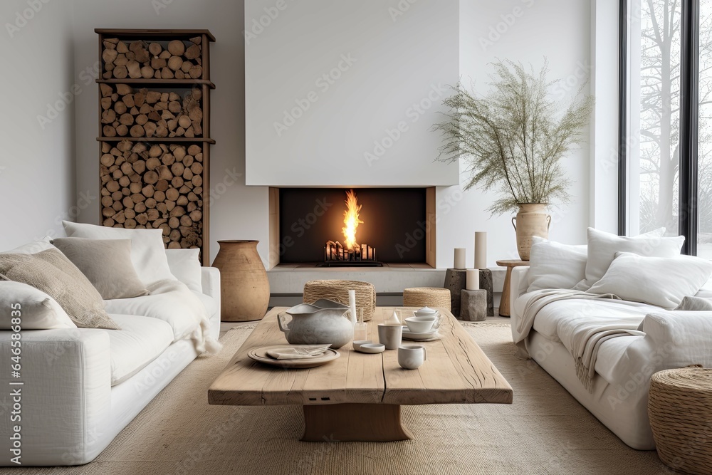 Fireplace against white sofa and rustic wooden coffee table. Scandinavian style home interior design of modern living room. Fireplace against white sofa and rustic wooden coffee table. Scandinavian style home interior design of modern living room.