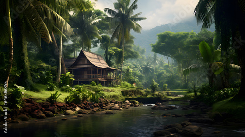 Cottage in the jungle on the bank of a small river