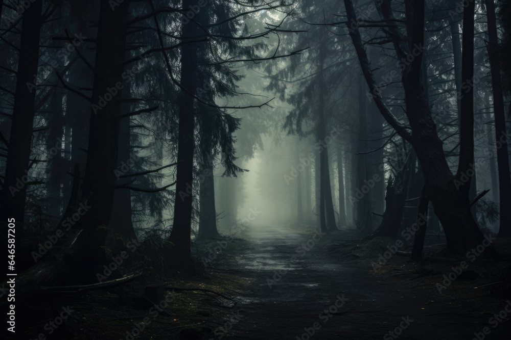 Obraz premium Misty spooky forest background, gloomy trees in scary horror foggy woods Happy Halloween dark night creepy nature mist fantasy atmosphere mystery dramatic landscape fall nightmare scenery. Copy space