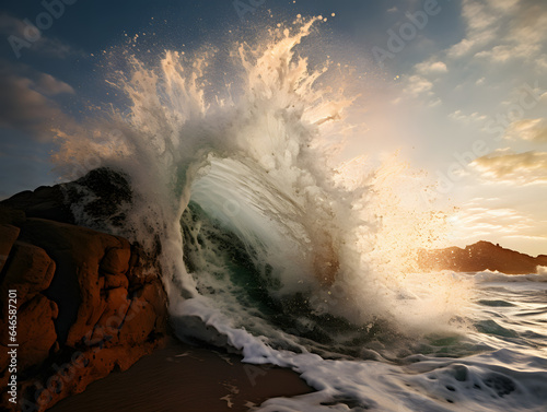 wave splasing in the sunset