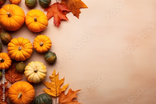 Happy Thanksgiving season celebration traditional pumpkins on decorated pastel table fall leaves background. Halloween decorations wood autumn cozy flat lay  top view  copy space.
