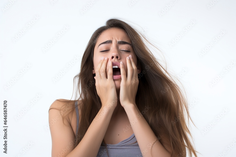 young woman yawning puts her hands to her face young woman yawning puts her hands to her face