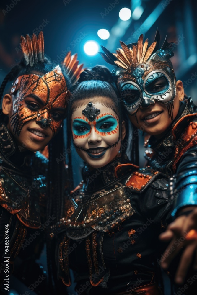 Group of young friends cool people girls and guys dressed in creative Halloween magic scary spooky costumes having fun at october Happy Haloween night club party celebration event, portraits. Group of young friends cool people girls and guys dressed in creative Halloween magic scary spooky costumes having fun at october Happy Haloween night club party celebration event, portraits.