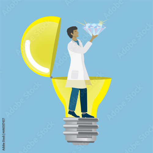 Man with great idea, brilliant idea, holding the last puzzle piece in his hand. Health care worker, doctor, researcher or scientist. Vector illustration.