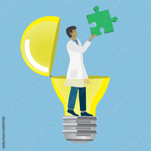 Man, health care worker, doctor, researcher or scientist with great idea, holding the last puzzle piece in his hand. Vector illustration.