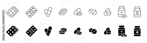 Pill medicine icon collection. Pill, capsule, pharmaceutical medicine icons collection. Pills vector icon