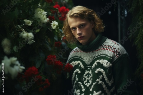 Portrait of a Young Handsome Fictional Male Model Wearing a Festive Christmas Decorated Pullover. Generative AI.