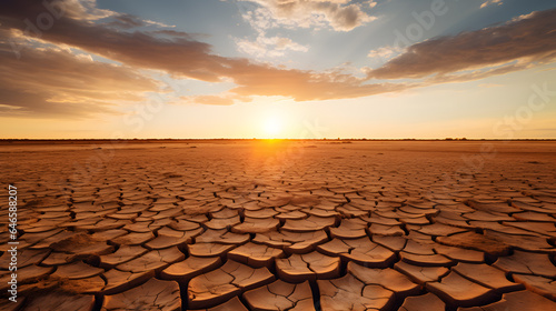 Dry cracked earth at sunset, global warming, climate change concept