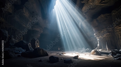 Fotografia Light rays shining inside cave. Generative AI