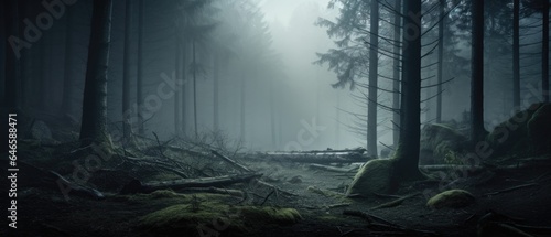 Misty spooky forest background  gloomy trees in scary horror foggy woods Happy Halloween dark night creepy nature mist fantasy atmosphere mystery dramatic landscape fall nightmare scenery. Copy space