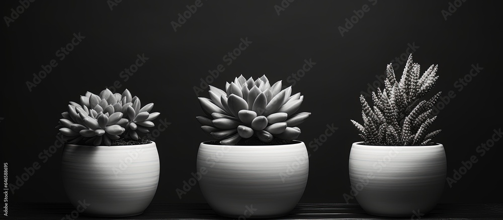 Black and white background with potted succulents.