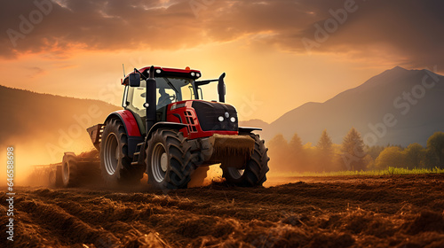 Tractor plowing the field at sunset