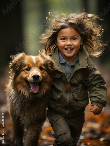happy child with dog showing loving connection. generative AI © jackson