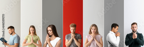 Fotografia Set of many praying people on color background