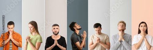 Valokuva Set of praying people on color background