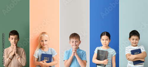 Canvas Print Set of many praying children on color background