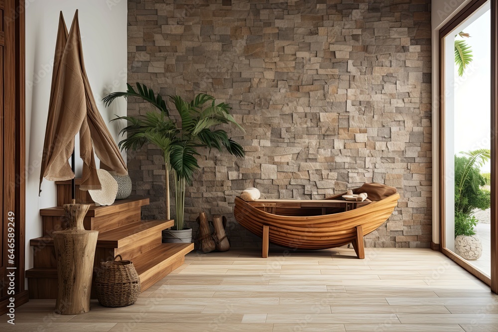 Coastal interior design of modern entrance hall with stone tiles wall and wooden rustic elements. Coastal interior design of modern entrance hall with stone tiles wall and wooden rustic elements.