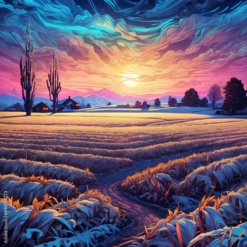 beautiful wheatfield covered with snow with attractive light and details 