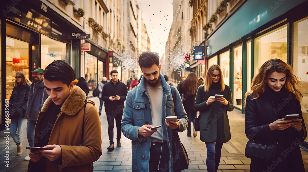 People walking in the street busy with their phone, people walking outdoors at the city street holding their smartphone People walking in the street busy with their phone, people walking outdoors at the city street holding their smartphone