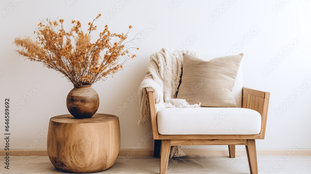 Boho Style Decor, Modern Minimalistic Chair,  Flowers in a vase and a coffee table