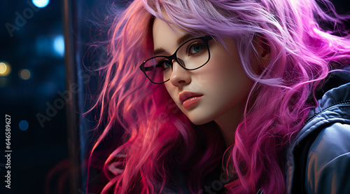 Sensual woman with pink hair and blue eyes with a striking appearance. Attractive woman with glasses and intellectual flair with unique charm in dramatic lighting.