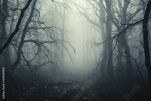 Misty spooky forest background, gloomy trees in scary horror foggy woods Happy Halloween dark night creepy nature mist fantasy atmosphere mystery dramatic landscape fall nightmare scenery. Copy space