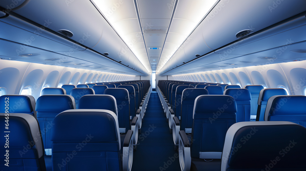 Fototapeta premium Empty passenger seats inside a modern airplane, reflecting the comfort and spaciousness of air travel