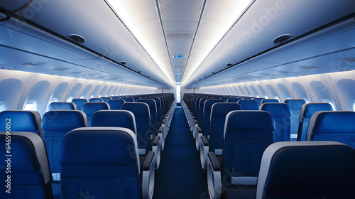 Empty passenger seats inside a modern airplane, reflecting the comfort and spaciousness of air travel