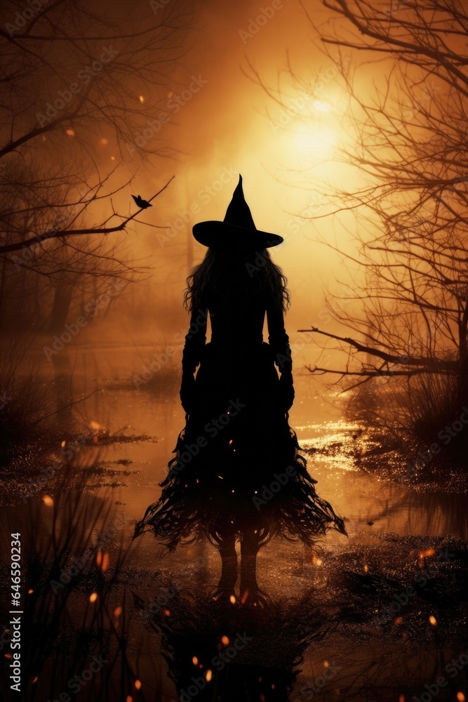 Fototapeta premium Magic gothic enchanted witch woman evil fairy girl magician character wearing dress and hat in Happy Halloween spooky scary fantasy fall scene with full moon creepy horror night light background.