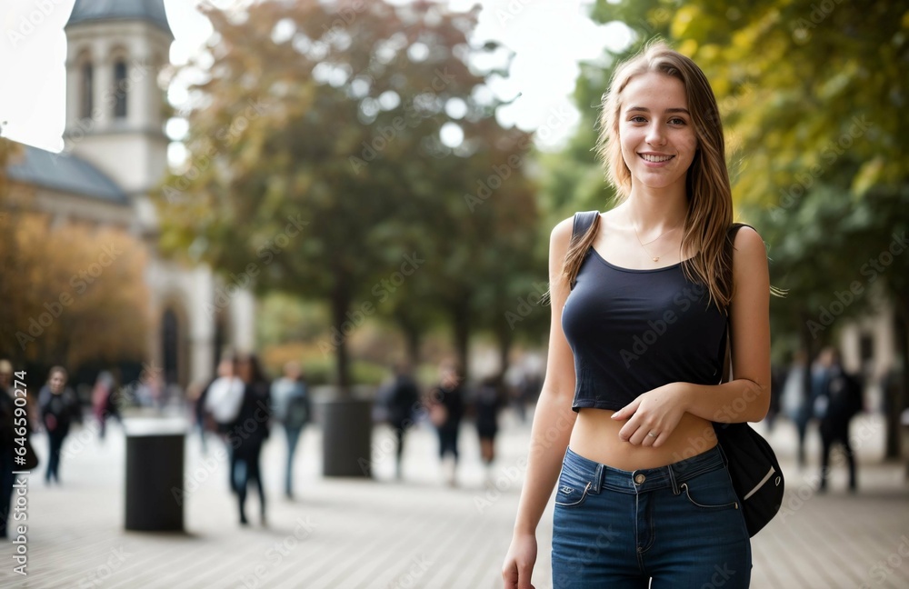Portrait of beautiful caucasian female student with bags on college campus, education concept