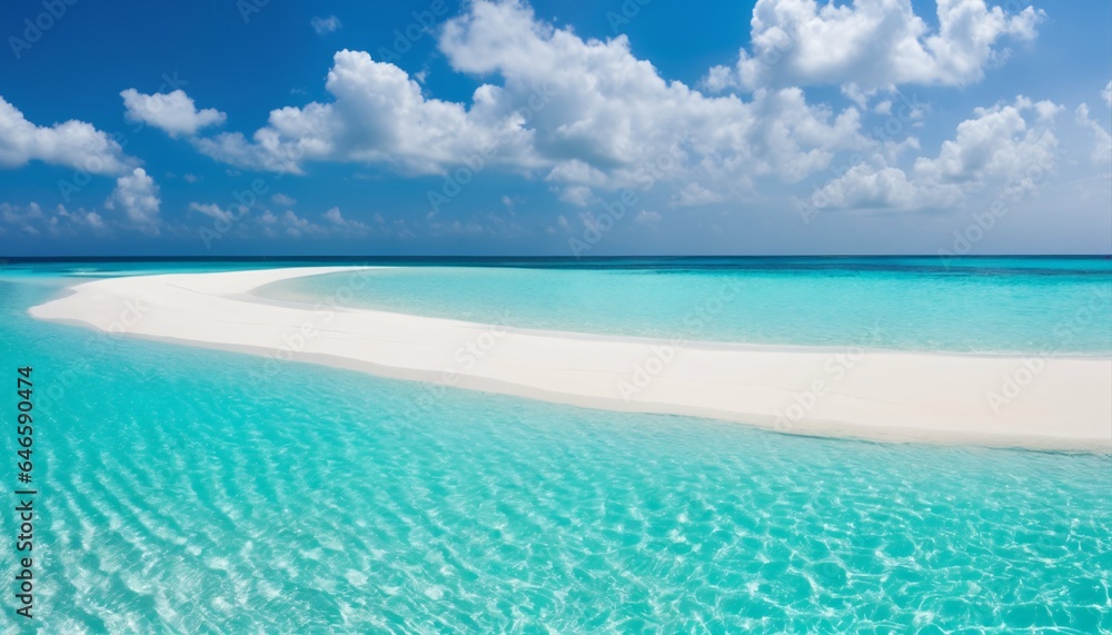 Fototapeta premium Sandy beach featuring white sand and rolling calm wave of turquoise ocean on sunny day, white clouds in blue sky background