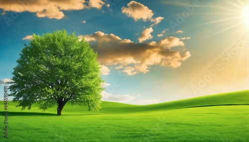Blue sky with sun and green field with grass, beautiful panoramic natural landscape, spring summer background