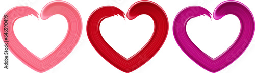 Heart shapes made of lipstick in three color options isolated on white background. Vector illustration.