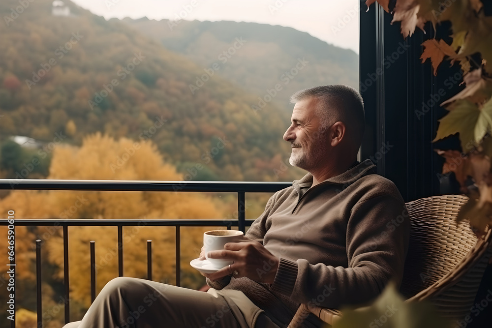 Φωτογραφία A mature man with a cup of coffee sitting on the balcony against nature in autum