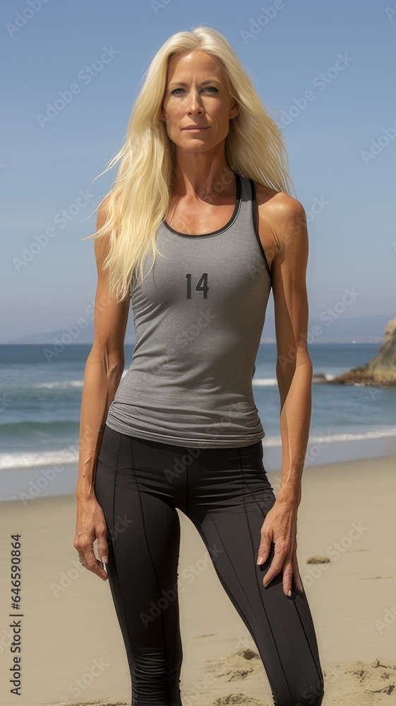 Athletic older attractive woman posing on the beach. generative AI Athletic older attractive woman posing on the beach. generative AI