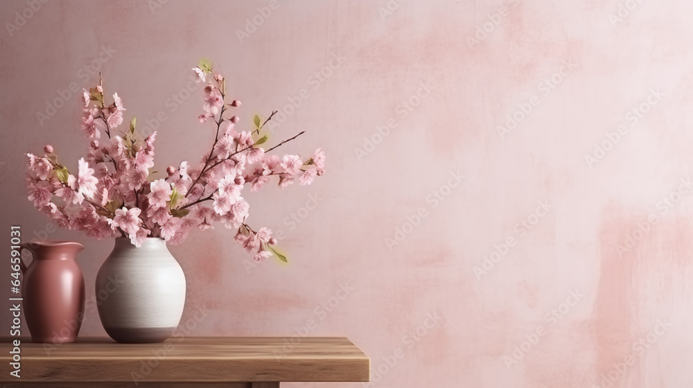Boho Style Decor - Table against a blank wall, Flowers in a vase, Rustic wooden table Boho Style Decor - Table against a blank wall, Flowers in a vase, Rustic wooden table
