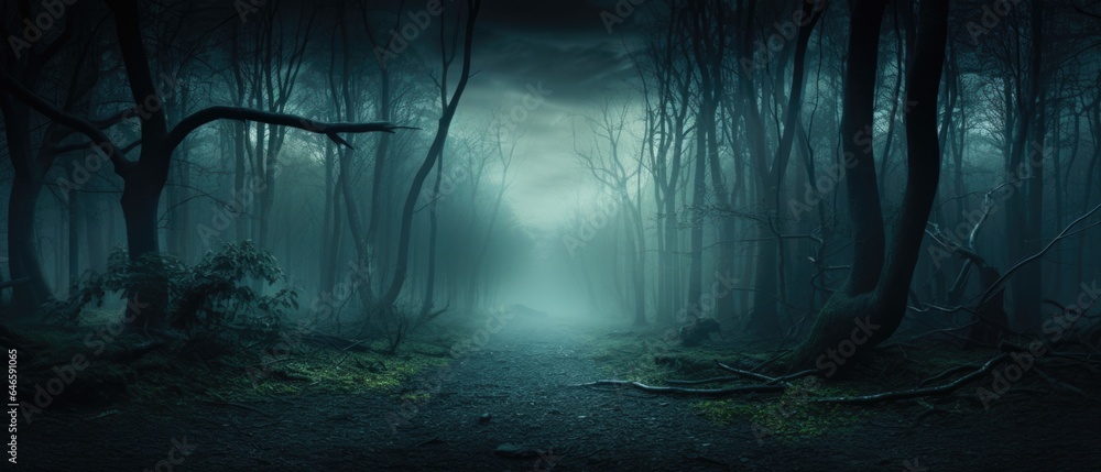 Obraz premium Misty spooky forest background, gloomy trees in scary horror foggy woods Happy Halloween dark night creepy nature mist fantasy atmosphere mystery dramatic landscape fall nightmare scenery. Copy space
