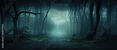 Misty spooky forest background, gloomy trees in scary horror foggy woods Happy Halloween dark night creepy nature mist fantasy atmosphere mystery dramatic landscape fall nightmare scenery. Copy space