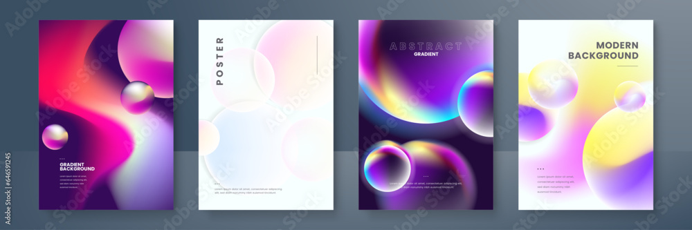 Fototapeta premium Poster collection with abstract colorful gradient sphere. Glowing vibrant liquid gradient shape on dark background. Design template for flyer, social media, banner, placard. Vector illustration