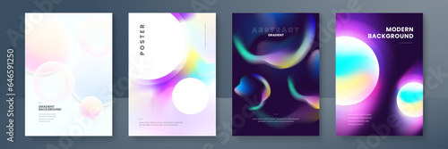Poster collection with abstract colorful gradient sphere. Glowing vibrant liquid gradient shape on dark background. Design template for flyer, social media, banner, placard. Vector illustration