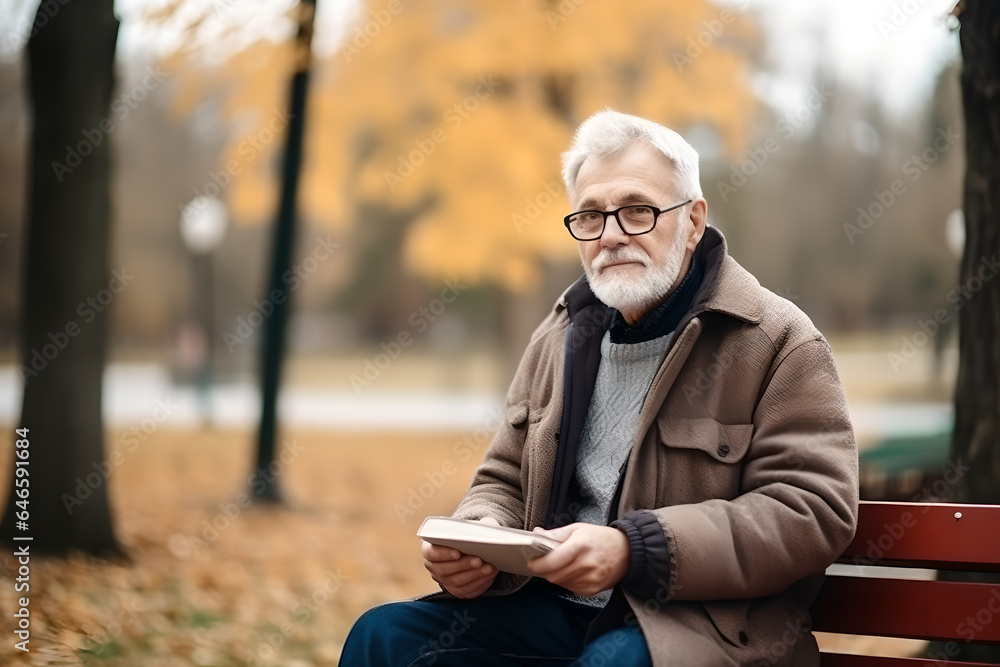 Lonely older man wearing glasses reading book sitting on wooden bench at city park in autumn season Lonely older man wearing glasses reading book sitting on wooden bench at city park in autumn season