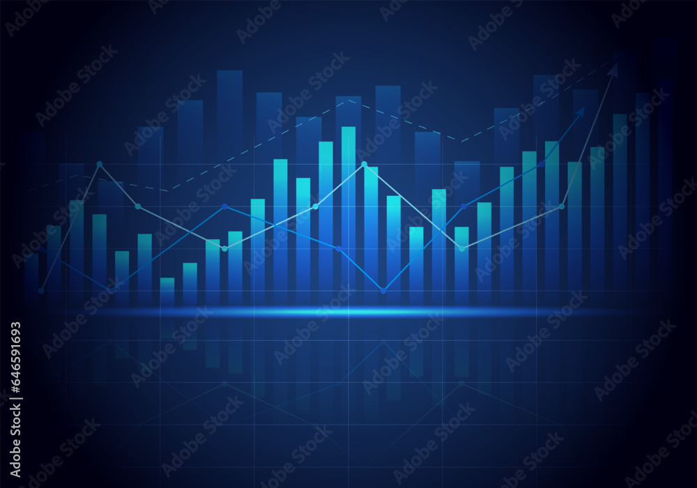 Growing growth chart. Glowing blue bar chart of stock market investment trading on blue background. global market information, financial bar graph, bullish point. Growing growth chart. Glowing blue bar chart of stock market investment trading on blue background. global market information, financial bar graph, bullish point.