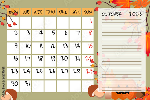 hello october cute cozy month calendar planner with autumn decor and pumpkin 