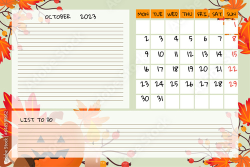 hello October cute cozy month calendar planner with autumn decor