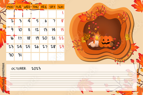 hello October cute cozy month calendar planner with autumn decor and pumpkin 