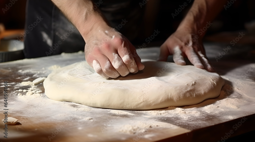 Male hands kneading dough for homemade pizza. Close up handmade bread dough kneaded on wooden table