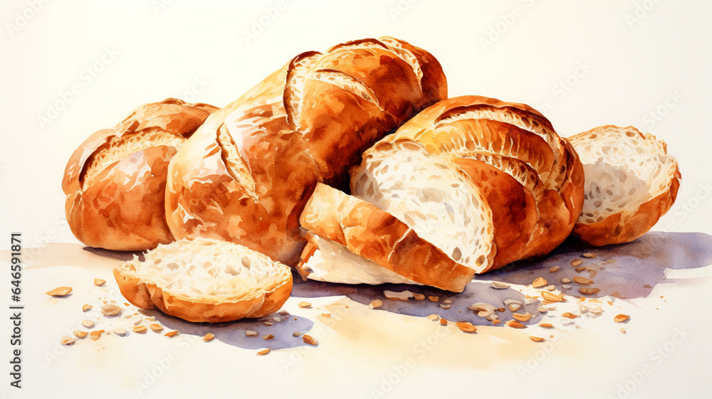 Appetizing bread whole and sliced. Bread crumbs on the table. Watercolor illustration on white background. Appetizing bread whole and sliced. Bread crumbs on the table. Watercolor illustration on white background.